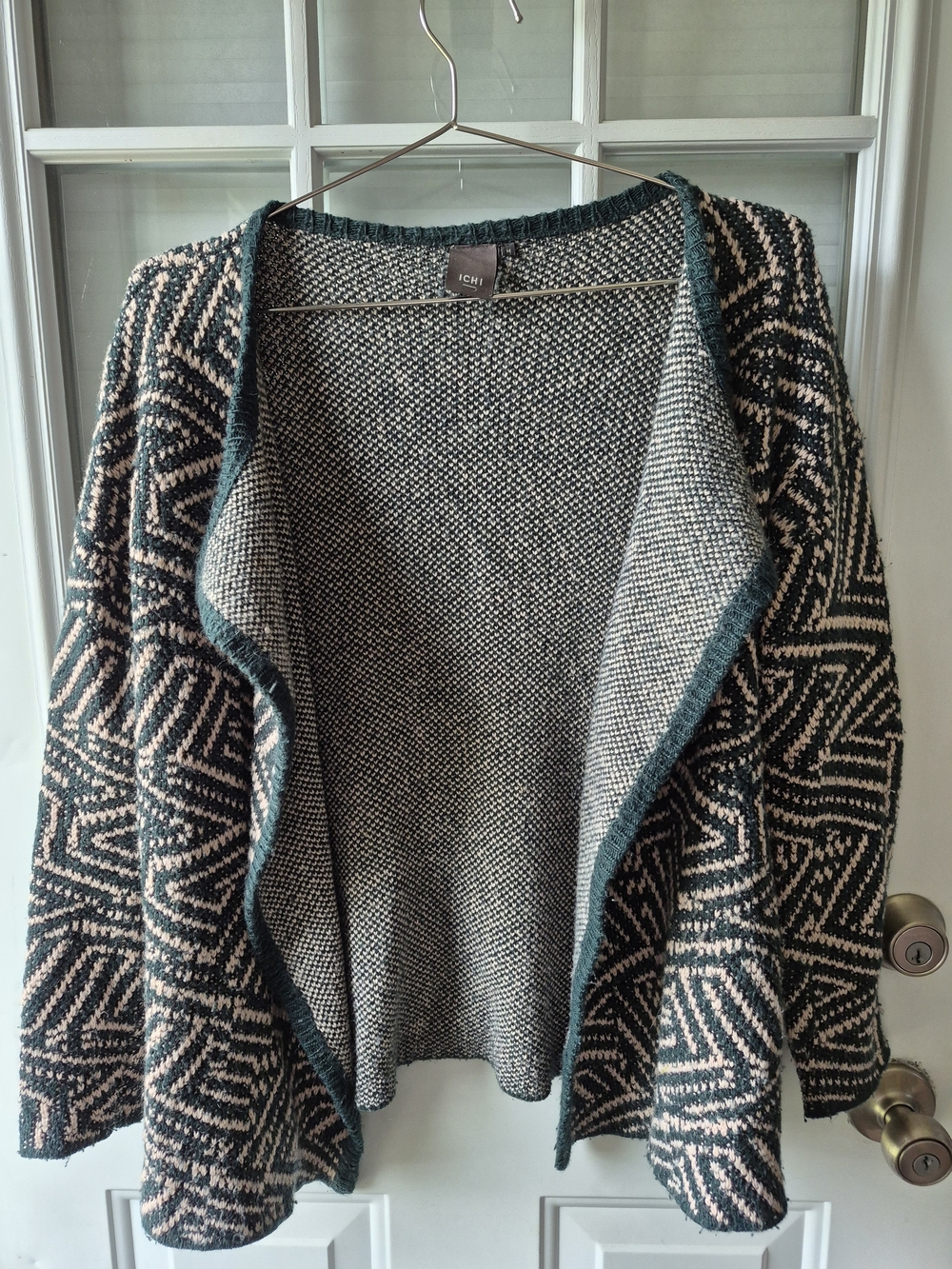 ICHI Open-Front Teal & Cream Geometric Cardigan